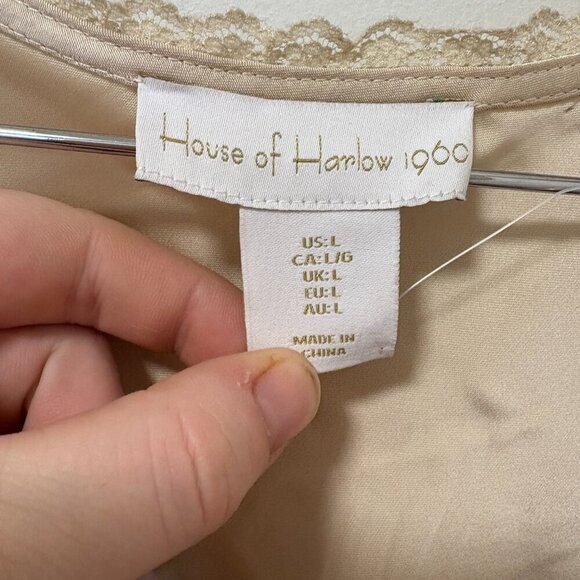 House of Harlow 1960 satiny long sleeve blouse cream crop lace bows Size L - Picture 4 of 12